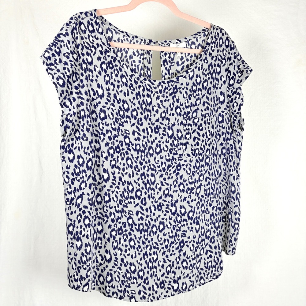 Joie 100% Silk Blouse Blue White Leopard Animal Print Top Large Feminine Whimsy